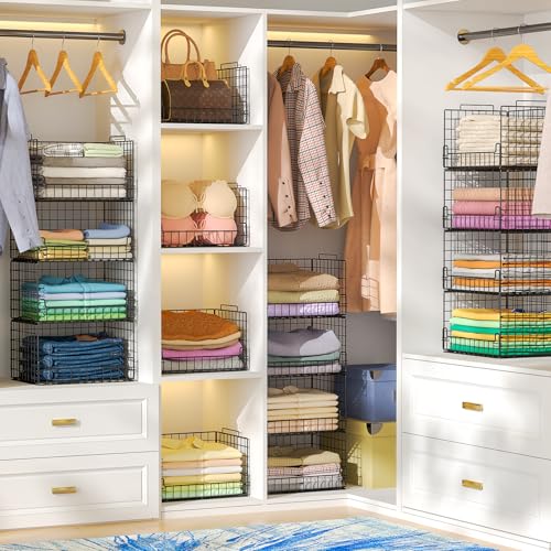 4-Tier Stackable Closet Organizers and Storage Basket - Foldable Closet Shelf Organizer System, Sturdy Metal Space-Saving Clothes Storage Bins for Wardrobe, Black