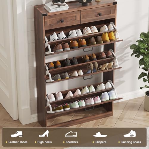 Halitaa Shoe Cabinet with 3 Flip Drawers & 2 Drawers,Freestanding Shoe Storage Cabinet for Entryway,Farmhouse Narrow Slim Organizer Rack for Foyer,Hallway,Dark Walnut - color: Dark Walnut, style: 3-Drawers