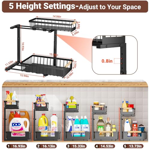 4 Pack L-Shape Under Sink Organizer, 2 Tier Pull Out Cabinet Organizer with 5-Level Adjustable Height, Double Sliding Metal Storage Rack for Kitchen Bathroom Pantry, Black - color: Black-4 Pack