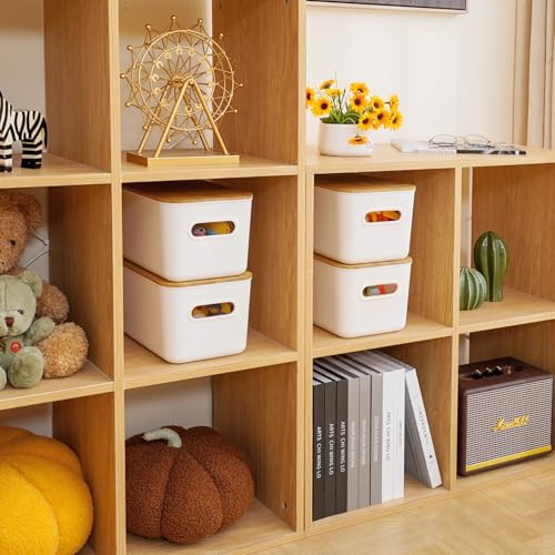 Citylife Storage Bins with Bamboo Lids 6QT Plastic Storage Containers Stackable Organizer Boxes with Handle for Desk Snacks, Toys, 2 PCS, 10"L x 7"W x 6.18"H - size: Small, style: 2 Pack