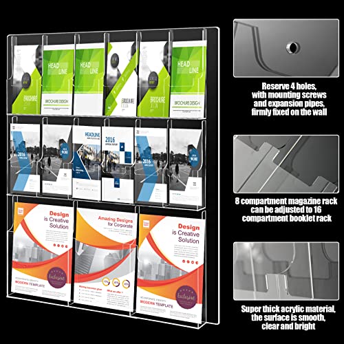 Weysat Acrylic Brochure Holder Wall Mount, Clear Plastic Pamphlet Holder Magazine Display Trifold Flyer Rack Hanging Literature Storage Organizer(3 Magazine Pockets, 12 Pamphlet Pockets) - size: 3 Magazine Pockets, 12 Pamphlet Pockets