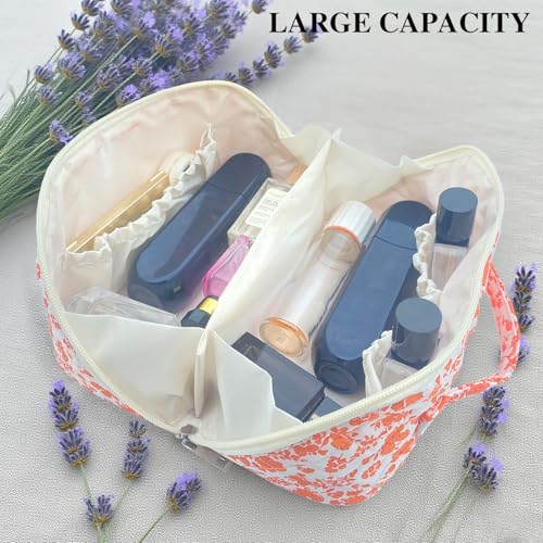Orange Large Quilted Floral Makeup Bag Cute Coquette Aesthetic Cosmetic Bag Open Flat Travel Toiletry Make up Bag for Women - color: C-lay flat orange
