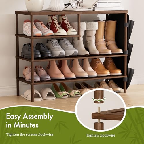 Bamboo Shoe Rack, 4 Tiers Shoe Organizer for Closet, Shoes Storage for 20-24 Pairs, Freestanding Shoe Shelf with Removable Pocket for Entryway Bedroom Front Door Dorm, Walnut Brown - color: Walnut Brown