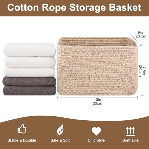 OIASKET Storage Baskets for Organizing, Woven Decorative Baskets for Shelves - Books, Towels, and Clothes, Cotton Rope Toy Storage Bins, 12.7''Lx9''Wx7.8''H, Pack of 4, Brown - color: Brown