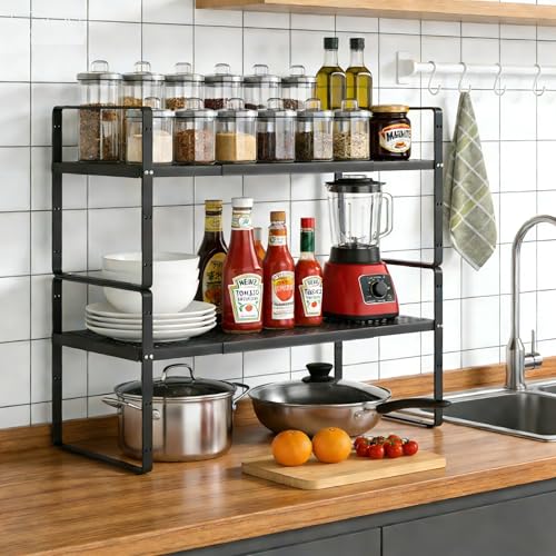 Expandable Cabinet Organizer Shelf - Adjustable Width (16.5”-27.1”), Stackable, Heavy Duty 80 lbs, for Kitchen Pantry, Countertop, Office, Spice Rack - Black, Small Size, 1 Pack - color: Black 1 Pack, size: Small - 8.1"W x (16.5"-27.1")L x 9.8"H