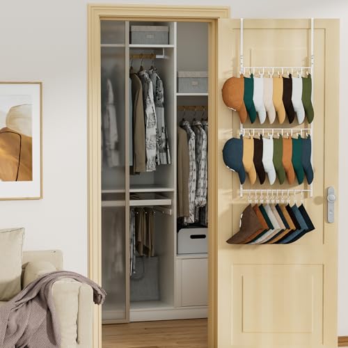 HapiRm Over Door Hat Rack - 3 Tier Wall Mounted Hat Organizer with 16 Hooks and 10 Movable Clips, Baseball Cap Organizer Storage Holds up to 26 Caps for Door, Bedroom, Closet USPTO Patent Pending - color: White, size: 3 Tier