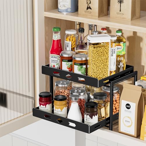 BOIVSHI Spice Organization for Cabinet, 2-Tier Cabinet Spice Rack, Height Adjustable Vertical Spice Rack Pull Out for Kitchen, Cabinet, Pantry (14.1''Wx10.8''Dx9.2''H, Metal Black) - size: 14.1''Wx10.8''Dx9.2''H,2 Tier