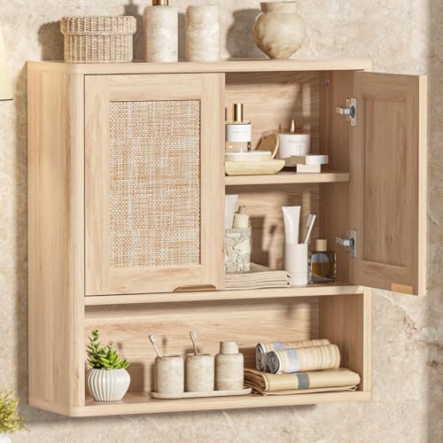LEYAOYAO Rattan Bathroom Wall Cabinet, Boho Medicine Cabinet with Adjustable Shelf & Doors, Over The Toilet Storage Cabinets Organizer for Laundry Room, Kitchen, Living Room, Natural - color: Natural, size: 7.7"D×23.5"W×24"H