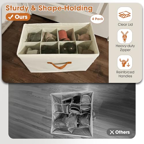 4-Pack Shoe Organizer for Closet, Foldable Shoe Storage Box with Adjustable Dividers & Clear Cover, Fits 32 Pairs, Beige, Durable and Space-Saving - color: Beige, size: 4 Pack