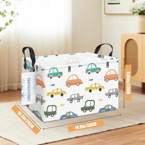 LANGYASHAN Rectangular Storage Bin Collapse Canvas Fabric Cartoon Storage Basket with Handles for Organizing Home Kitchen Boys and Girls Toys Office Closet Shelf Baskets(Rec Color Cars) - color: Rec Color Cars