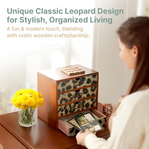 Classic Leopard Print Wooden Desk Organizer - 4-Drawer Desktop Storage - Rustic Wood Cabinet for Office Supplies, Craft Tools, & Home Organization - Luxurious Drawer Unit - color: Animal Leopard