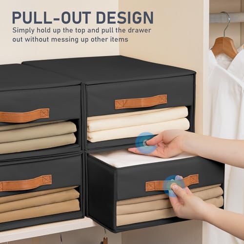 DIMJ Closet Organizers and Storage - Foldable Storage Bins with Drawers Fabric Stackable Storage Drawers with Clear Window,Fabric Clothes Organizers and Storage Drawers for Closet, 6-Pack, Black - color: Black, size: Large - 6 Pack