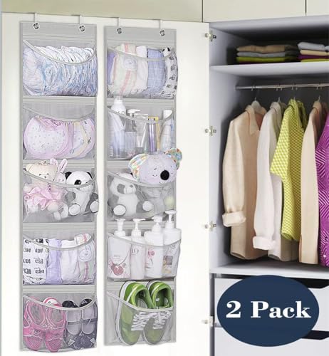 KEETDY Over the Door Organizer Storage for Closet with 5 Pockets Organizer for Bedroom Bathroom, 2 Pack - color: Light Grey