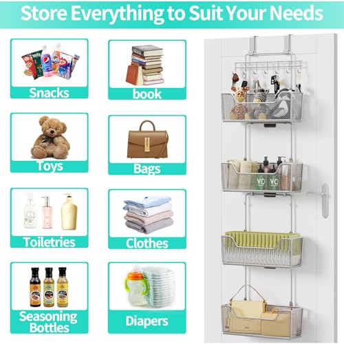 HapiRm Over The Door Organizer - Hanging Door Organizer with 4 Metal Large Capacity Baskets and Adjustable Coat Hook for Bathroom Bedroom Kitchen Pantry Closet Cabinet - color: Brushed Nickel