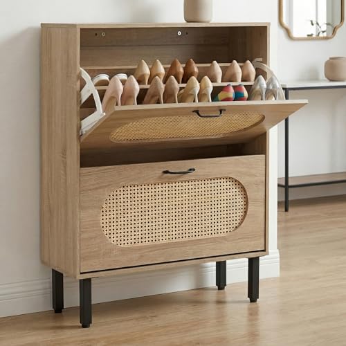 SUNCROWN 2 Flip Drawers Shoe Storage Cabinet, Freestanding Narrow Entryway Organizer, Natural Semi-Circular Rattan Doors, Adjustable Shelves & Anti-Tip Kit, Brown - color: Brown, size: Style A