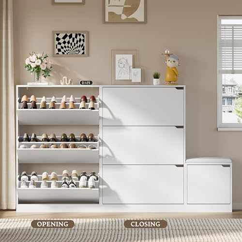 BORNOON Shoe Cabinet with Bench and 3 Flip Drawers, Slim Narrow Shoe Storage Cabinet, Freestanding Shoe Rack Organizer with Adjustable & Removable Shelves, Anti-Tip for Entryway, Hallway, Foyer - color: White, size: 3-Drawer - Bench