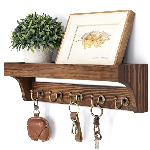 Rebee Vision Pine Wood Key Holder Wall Mount - Multifunctional Key Holder for Wall with Hooks and Shelf for Mail, and Hats - Perfect for Home and Office Organization (Vintage Brown) - color: Retro Brown