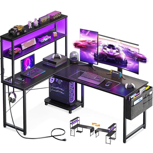 AODK L Shaped Desk Gaming Desk with LED Light & Power Outlet, 53 Inch Reversible L Shaped Computer Table with Shelf & Storage Bag & Hook for Home Office, Black - color: Black, size: 53 inch