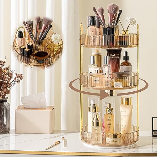 shuang qing Rotating Makeup Organizer for Vanity, High-Capacity Skincare Clear Make Up Storage Perfume Organizers Cosmetic Dresser Organizer Countertop 360 Spinning (Gold, New-3 Tier) - color: Gold, size: New-3 Tier