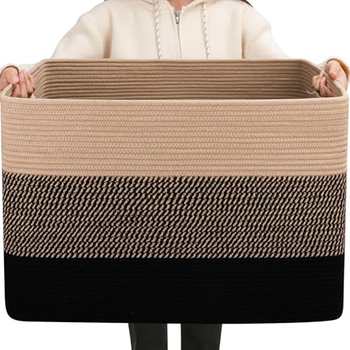 OIAHOMY 108L Super Large Blanket Basket, 25”x16”x16” Rectangle Woven Baskets for Storage, Cotton Rope Basket For Living Room, Toy Storage with Handle- Yellow and Black - color: Yellow and Black