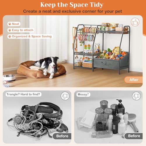 Lomivra Large Dog Toy Basket with Dog Storage Organizer, Trapezoid Toy Bin Box with Collar Leash Holder Hook, Dogs Toy Holder Chest Pet Storage Cabinet for Living Room Dogs Essentials - color: Black