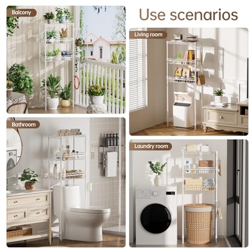 Golpart 3-Tier Over-The-Toilet Storage Shelf,Heavy-Duty Adjustable Bathroom Rack with 2 Mesh Baskets,Toilet Paper Holder & Hooks,Space-Saving Organizer for Bathroom,10”D x 24”W x 66”H,White - size: White with Baskets-10"D x 24"W x 66"H