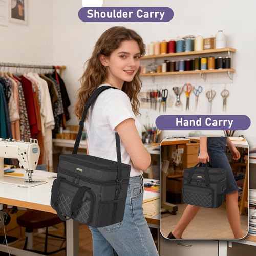 Sewing Storage Bag with Removable Tray Large Capacity Sewing Aaccessories Organizer Travel Sewing Case with Shoulder Strap Double-Layer Sewing Organizer Bag Black (Bag Only) - color: Black