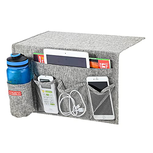 Zafit Linen 5 Pockets Bedside Caddy, Bedside Storage Organizer with Water Bottle Holder for Magazine, Remotes, Phone (Grey) - color: Grey, size: 5 Pockets