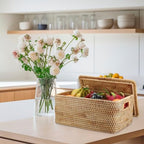 Hipiwe Rattan Basket With Lid Rectangular Lidded Basket Natural Hand-Woven Wicker Storage Basket Bin for Shelf Organizing Picnic Food Bread Table Storage Basket, 15.1 x 11.2 x 7.3 inch - size: 15.1"L x 11.2"W x 7.3"H