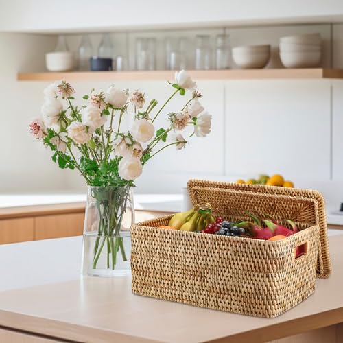 Hipiwe Rattan Basket With Lid Rectangular Lidded Basket Natural Hand-Woven Wicker Storage Basket Bin for Shelf Organizing Picnic Food Bread Table Storage Basket, 15.1 x 11.2 x 7.3 inch - size: 15.1"L x 11.2"W x 7.3"H