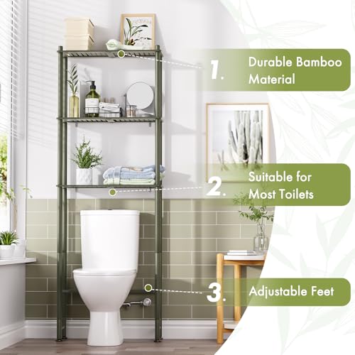AmazerBath Bamboo Over The Toilet Storage Shelf, 3-Tier Over Toilet Bathroom Organizer Rack, Bathroom Shelves Over Toilet Space Saver, Forest Green - style: Forest Green-3-tier