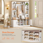 HOOBRO Hall Tree with Bench and Shoe Storage, 51" Entryway Bench with Coat Rack, Farmhouse Entryway Organizer with 5 Hooks, 8 Open Compartments, 9 Shoe Cubbies, for Hallway, White and Walnut WH180MT01