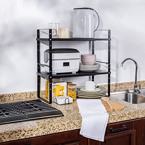 Across-Star Expandable Cabinet Shelf Organizer Rack, Stackable Kitchen Counter Storage Shelves Stand, Adjustable Height Pantry Shelf Spice Rack (Black, 1 Pack) - color: Black-1 Pack, size: 8.7''D*15.7-25.6''W*9.8''H