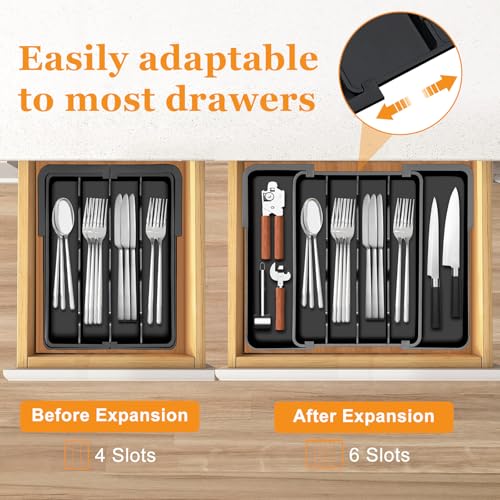 Homecor Silverware Organizer - Expandable Kitchen Drawer Organizer Utensil Holder, BPA Free Flatware and Cutlery Tray for Spoons Forks Knives, Plastic Kitchen Organizer and Storage - color: Black, size: Medium(9.5-15.6"W x 12.3"D)