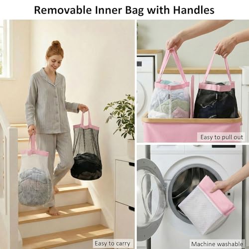 efluky Laundry Hamper with Lid, Double Laundry Hamper with 2 Removable Bags, 2 Section Laundry Basket with Bamboo Handles for Bathroom, Bedroom & Laundry Room (Pink, 140L Dual) - color: Pink, size: 140L Dual
