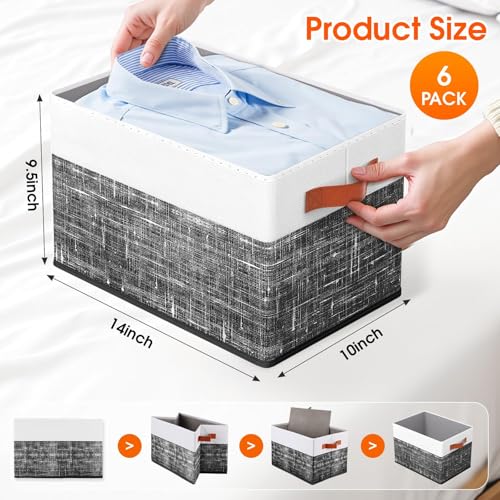 Fab totes Collapsible Storage Baskets for Shelves,14"x10", 6 Pack Foldable Fabric Storage Bins with Double Leather Handles, Large Baskets for Organizing Books, Clothes, White & Black - color: Black, size: 6pack