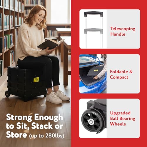 dbest products Quik Cart Pro Wheeled Rolling Crate Teacher Utility with seat Heavy Duty Collapsible Basket with Handle, Aluminum, Black - color: Black, style: Pro