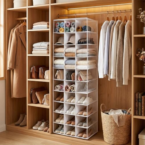 coastal rose Hanging Shoe Closet Organizer, 30 Sections Hanging Closet Organizers and Storage Shelves with 6 Mesh Pockets, Space Saving Shoe Rack Holder Hanger, White - color: White