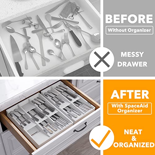SpaceAid Bamboo Silverware Drawer Organizer with Labels, Kitchen Utensil Tray Holder Organizer for Flatware, Cutlery, Spoon and Knives Drawer Storage Organization (White, 6 Slots) - color: White