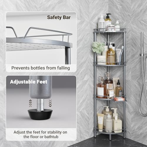ELYKEN Corner Shower Caddy Standing, 4 Tier Rustproof Metal Shower Organizer with Soap Holder, Floor Shower Corner Shelf Rack Storage Stands with Adjustable Feet & 2 Hooks for Bathroom, Silver - color: Silver, size: 4 Tier