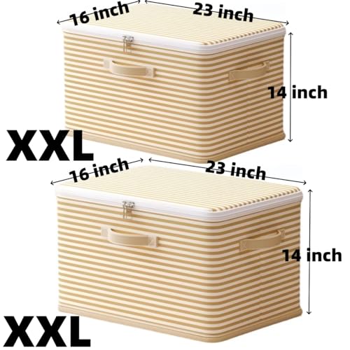 Foldable Storage Containers, Beige Striped Fabric Boxes with Lids, Stackable Closet Organizer Bins for Bedroom, Clothing Storage (Yellow, XXL) - color: Yellow, size: XXL