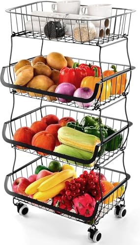 Miyawell Fruit Vegetable Storage Basket, 4 Tier Stackable Metal Wire Storage Baskets with Wheels, Fruit Vegetable Produce Basket Organizer Bins for Kitchen, Pantry, Bathroom - color: 4 Tier-black