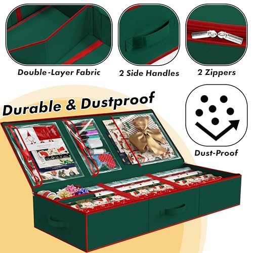 Simple Houseware 41.5" Wrapping Paper Storage Organizer - Fits 40 Rolls with Adjustable Straps, Interior Divider for Ribbons & Bows, 3 Clear Pockets for Gift Bags & Tools, 41.5''L x 16''W, Green - color: Green