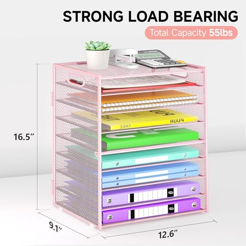 Cawukege 9 Tier Paper Organizer with Handle, Pink Large Capacity Desk Organizer Mesh File Folder Letter Paper Tray Desktop Document Sorter for Classroom, School, and Office Accessories Organization - color: 1 Pack - Pink