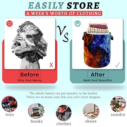 Red Blue Fire Flame Laundry Basket Foldable With Handles Cool Tote Bag Oxford Cloth Colorful Laundry Hamper Clothes Storage Bucket Toy Organizer For Bathroom/Laundry/Bedroom 18.9" x 16.5 " - color: Cool Red and Blue Fire Flame