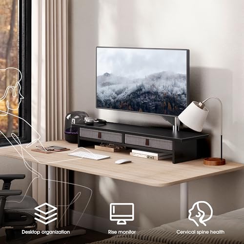 Fenge Monitor Stand with Drawer, 2 Tiers Dual Monitor Riser for Desk, 35 Inch Computer Stand for 2 Monitors, Desk Shelf for Home, Office, Laptop, PC, TV, Printer - color: Black