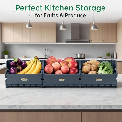 Wood Potato Onion Storage Bins - Wooden Stackable Produce Basket - Fruit Vegetable Storage for Kitchen Pantry Organization, Set 3 Pieces - color: Anthracite Grey