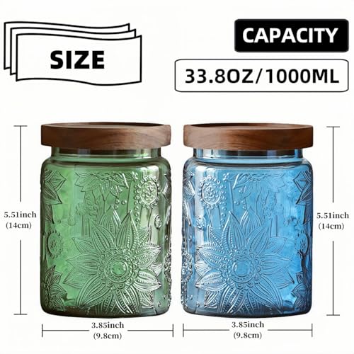 Set of 2 Vintage Glass Jars, Green Glass Storage Jars with Lids (23.7 oz) for Kitchen, Pantry, Candy, Flour, Oatmeal, Coffee Beans, Pet Food, Laundry Detergent, Cute Jar (Green&Blue 2, 23.7 Ounces) - color: Green&Blue 2, size: 23.7 Ounces