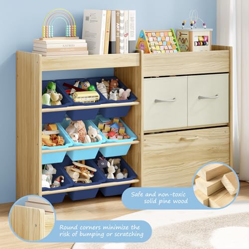 EXPERLAM Toy Storage Organizer for Kids, 9-Bin Toy Organizer with 2-Drawers,Movable Toy Chest and Top Rack, Kids Bookshelf and Toy Storage for Playroom, Bedroom, Nursery, Blue - style: Blue Bins