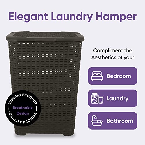 Laundry Hamper Basket With Lid 60 Liter - Deluxe Wicker Style Brown Color - 1.70 Bushel Bin With Cutout Handles To Storage Dirty Cloths in Washroom Bathroom, Or Bedroom. By Superio - color: Brown, size: 1-pack